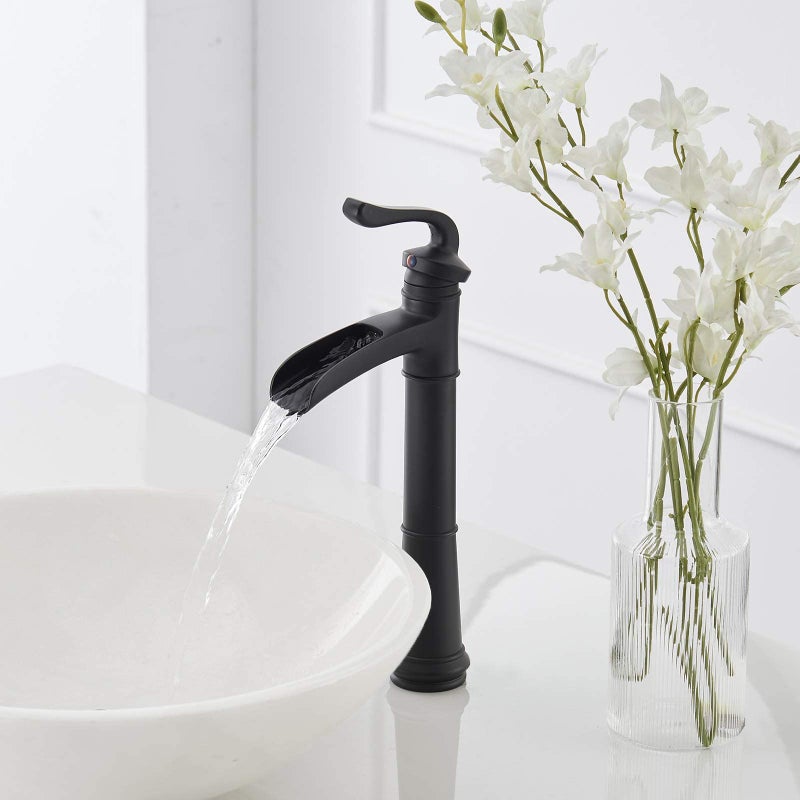 BATHLAVISH Vessel Sink Faucet Matte Black, Waterfall Vessel Faucet, Tall Bathroom Faucet, Farmhouse Single Hole Single Handle Lavatory Vanity RV with Pop Up Drain Without Overflow - Image 2